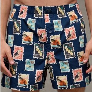 American Eagle Mens 4 Inch Stretch Boxer Postage Stamp Print Navy Blue Size M